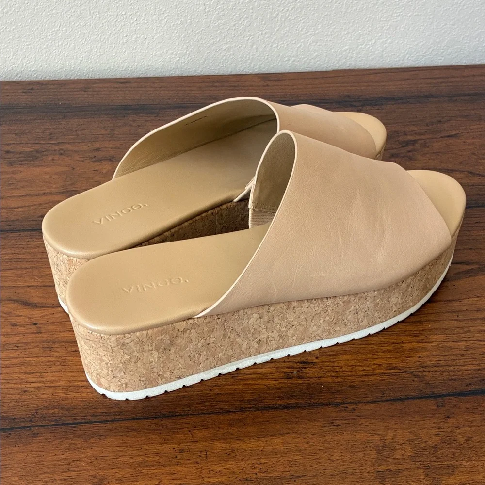 VINCE Women US 10M Cappuccino James-B Leather Platform Sandals‎ Slides